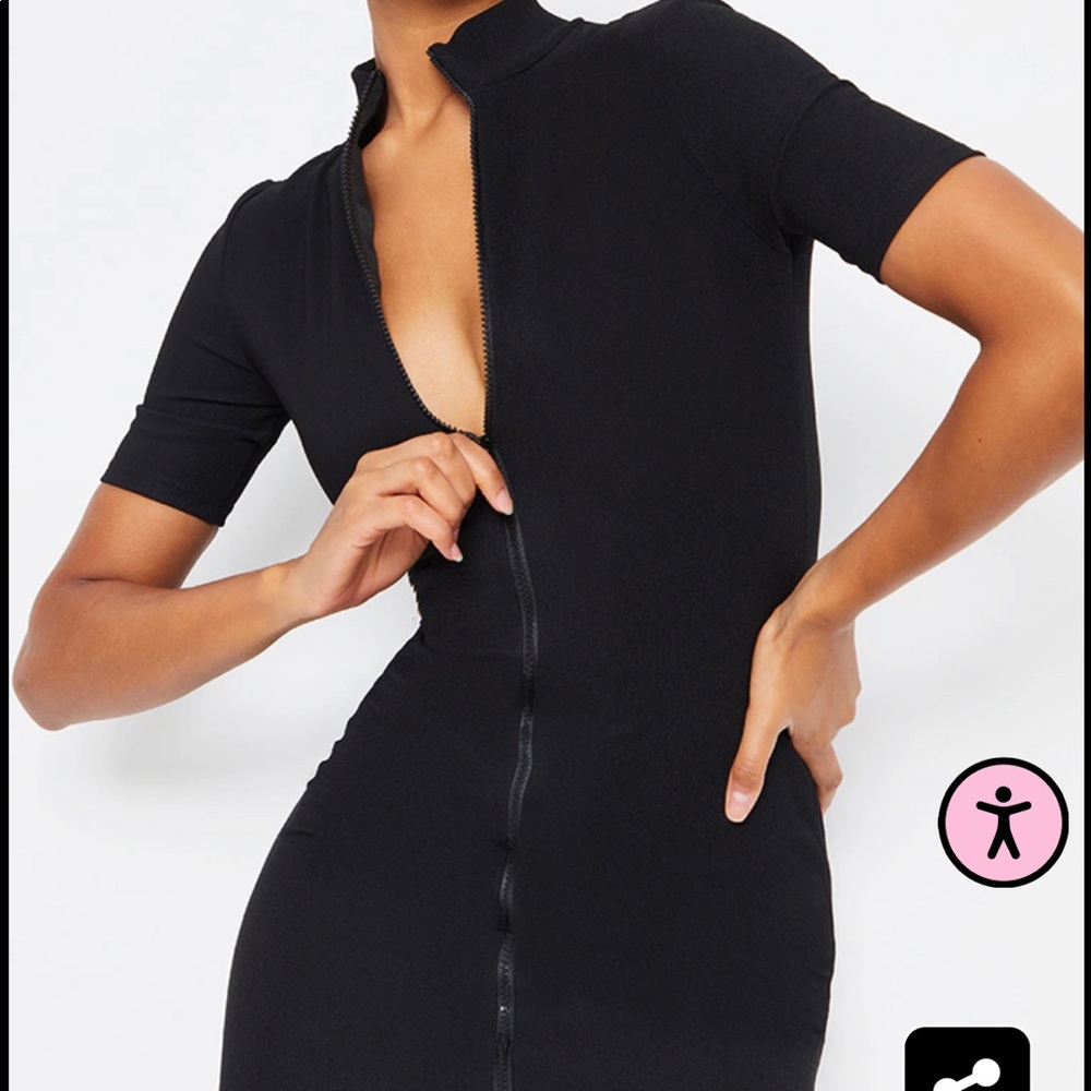 Black Zip Front Rib Short Sleeve Bodycon Dress size 0 XS
